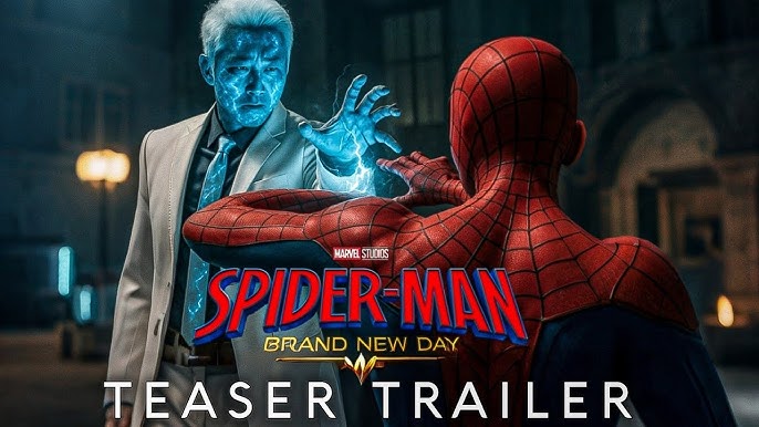 Tom Holland as Spider-Man swinging through a snowy New York City skyline wearing his homemade classic red and blue suit for Spider-Man: Brand New Day.